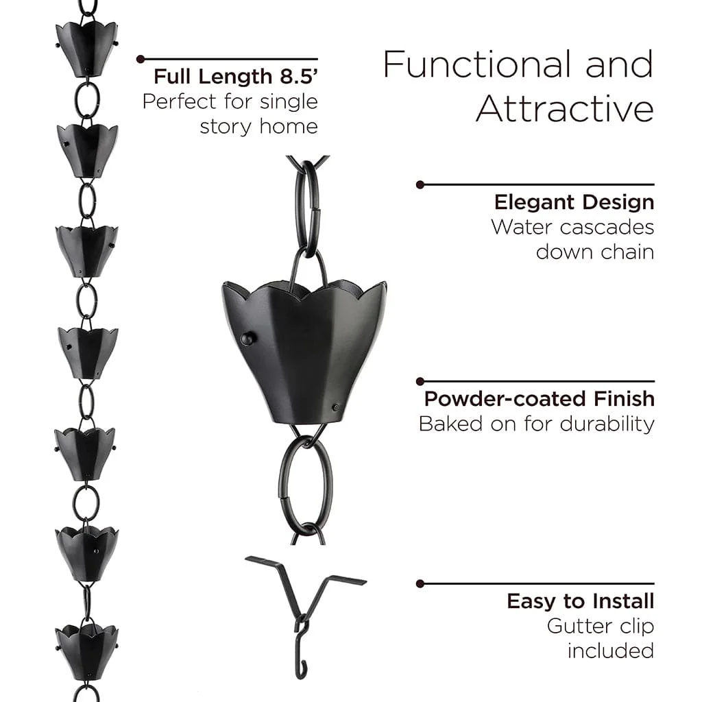 Good Directions Modern Farmhouse 13 Cup Tulip Black Aluminum 8.5ft. Rain Chain - Image 6